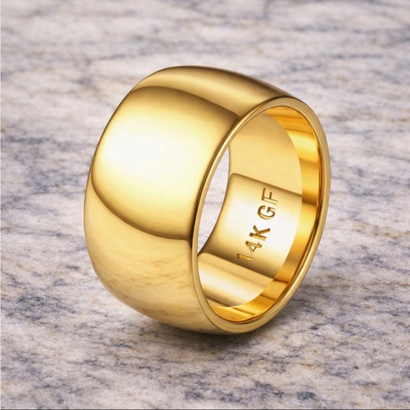 14K Gold 12mm Dome Band Ring Chunky Wide Comfort Fit Statement Ring Gold Filled - Picture 3 of 4